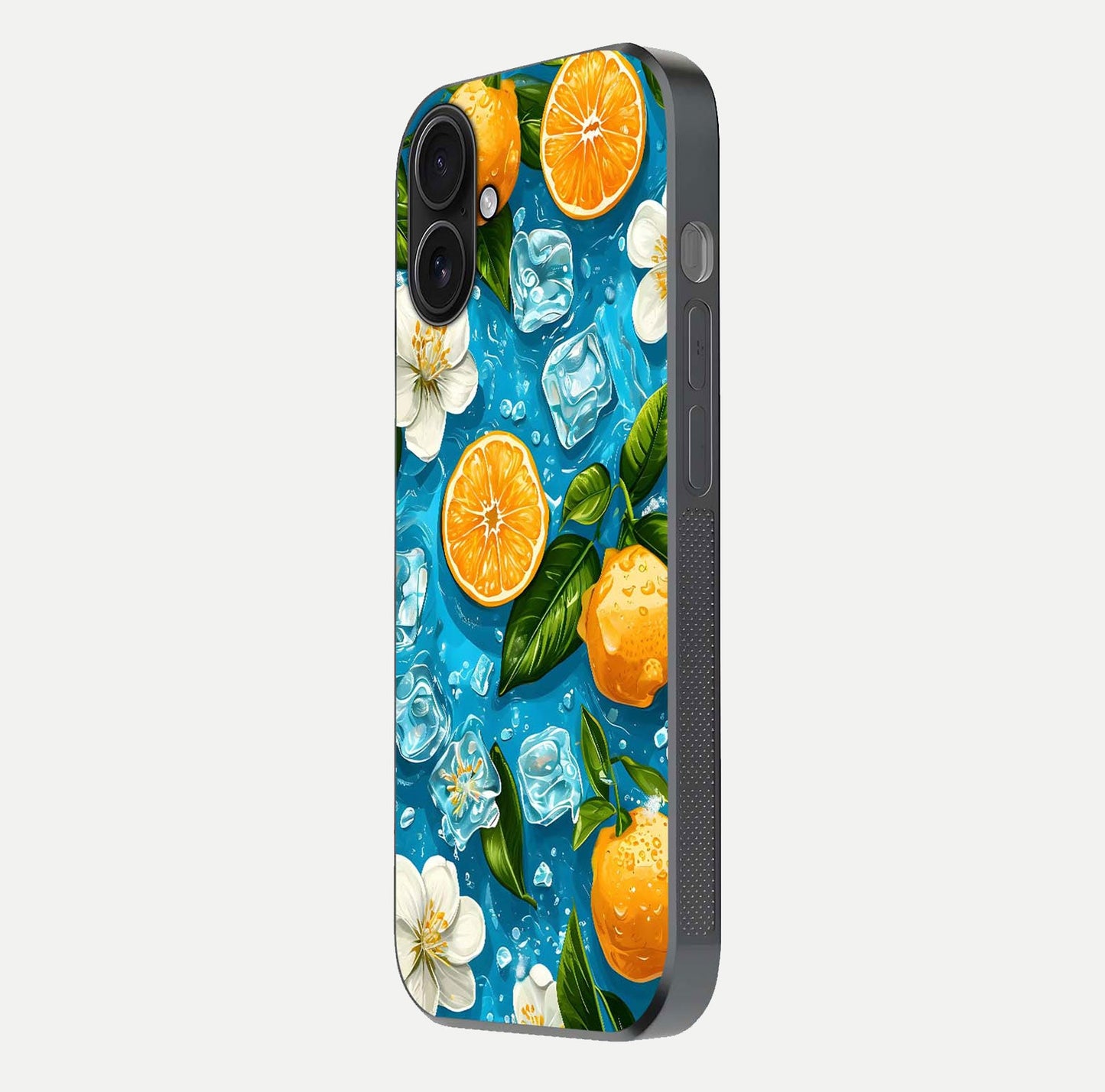 Ice Cube With Orange Glass Case for iPhone 16 side-angle image showing reflection brightness and juicy pattern detail