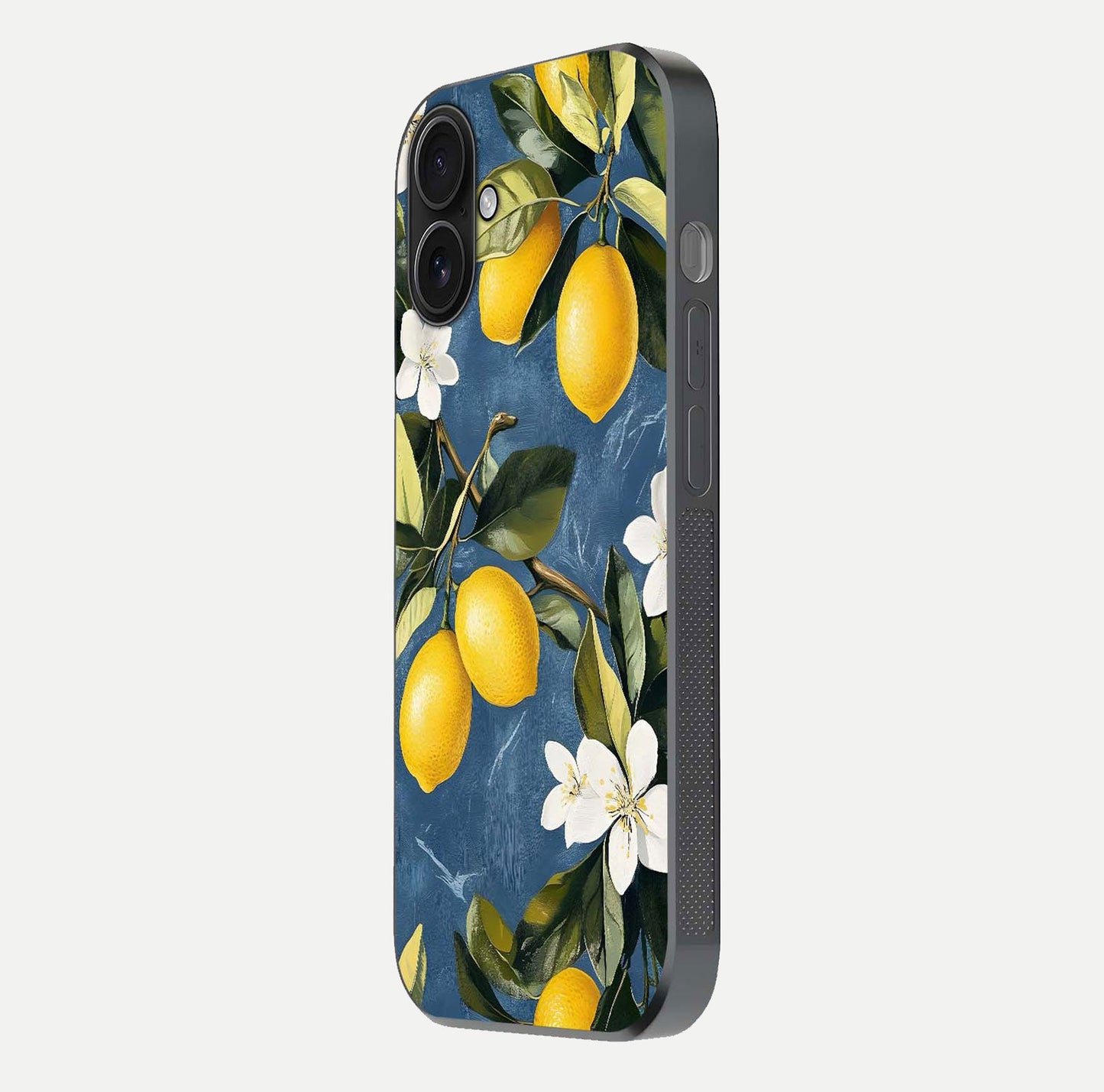 Lemon Dream Garden Glass Case for iPhone 16 side-angle image showing reflection clarity and artistic fruit design