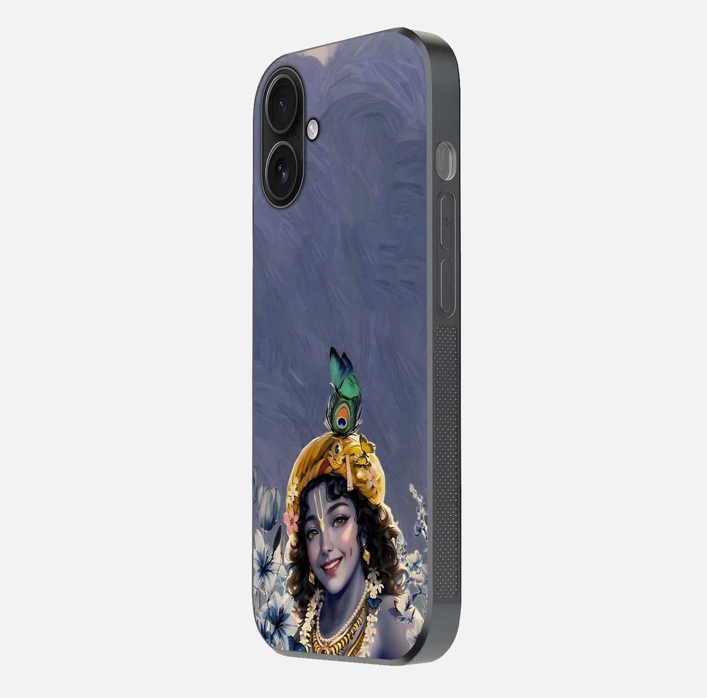 Lord Krishna Glass Case for iPhone 16 side-angle image emphasizing premium reflection and sacred motif