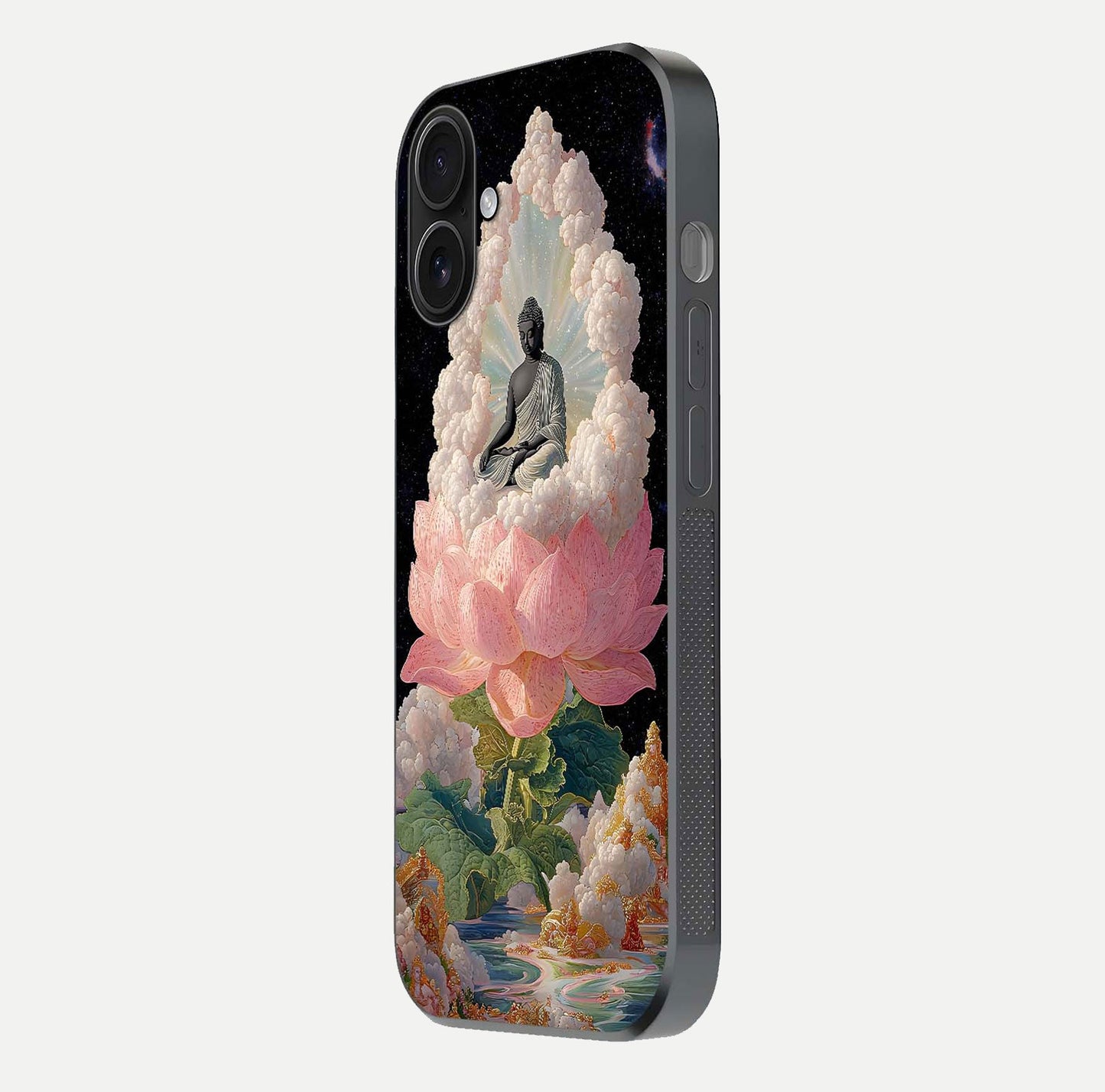Lotus Divine Peace Glass Case for iPhone 16 side-angle shot showing elegant shine and floral symmetry