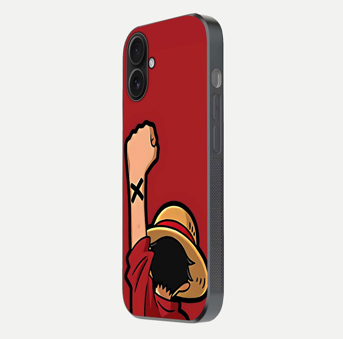 Luffy X Spirit Glass Case for iPhone 16 side-angle image highlighting reflection strength and anime print