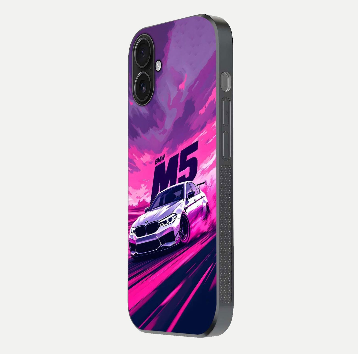 MS Neon Car Glass Case for iPhone 16 side-angle image showing glow reflection and car detailing