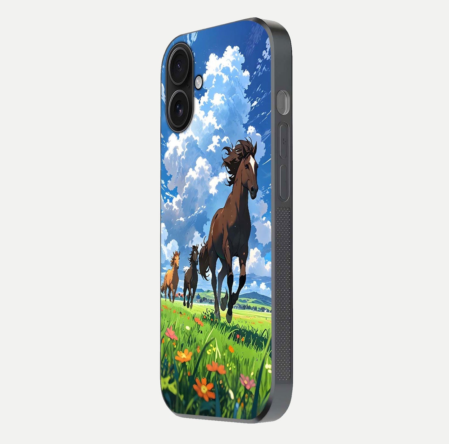 Majestic Horses Galloping Glass Case for iPhone 16 side-angle shot emphasizing reflection and running artwork