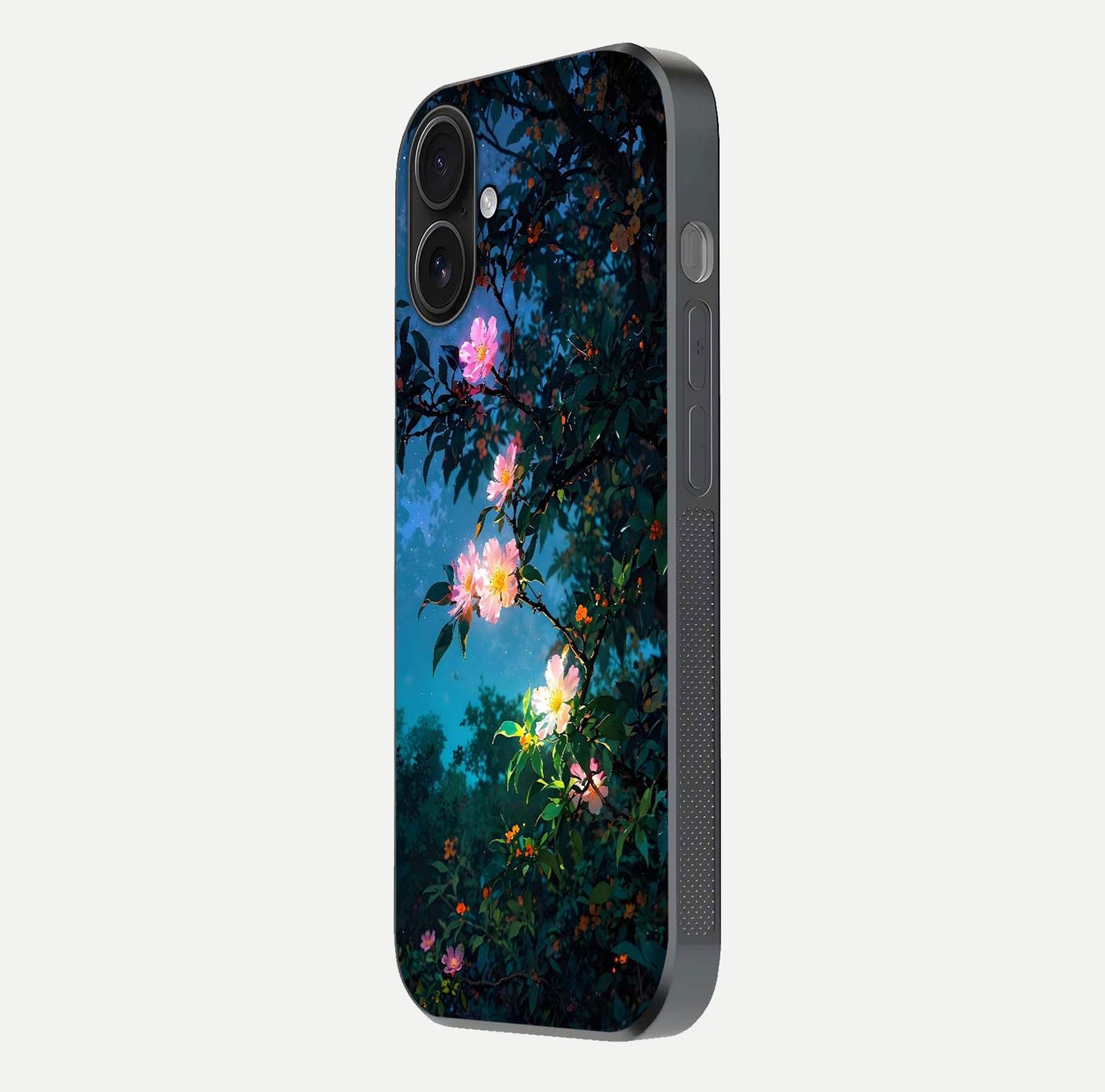 Midnight Bloom Glow Glass Case for iPhone 16 side-angle image revealing reflection and deep midnight hues