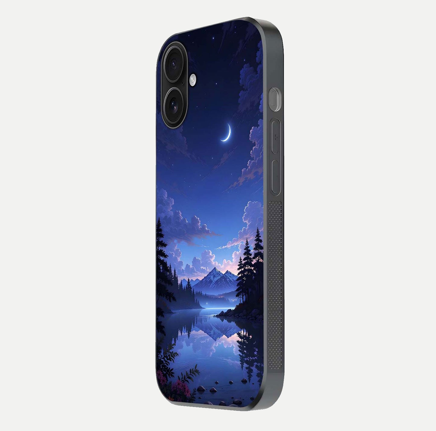 Midnight Lake Peace Glass Case for iPhone 16 side-angle image showing HD shine and tranquil color tones