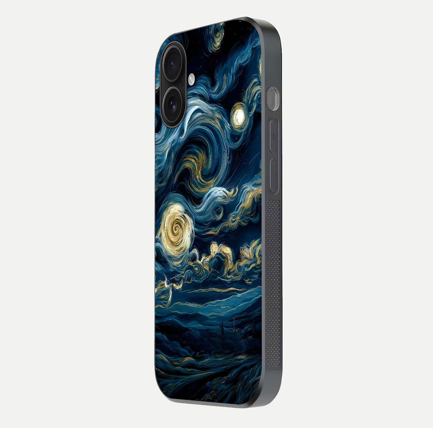 Midnight Sky Whirl Glass Case for iPhone 16 side-angle image showing reflection depth and galaxy pattern