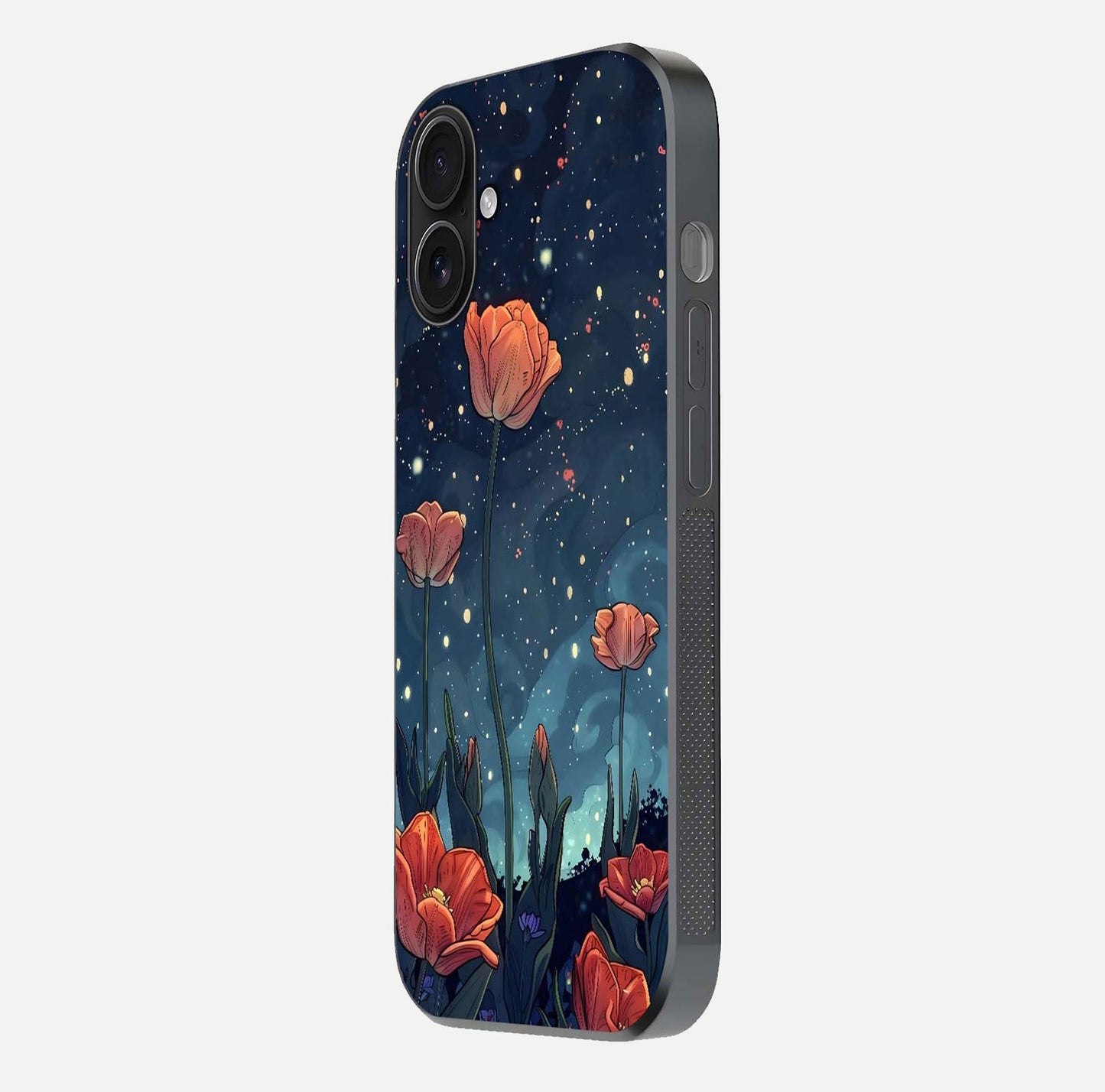 Midnight Tulip Glow Glass Case for iPhone 16 side-angle image showing shine depth and flower artwork
