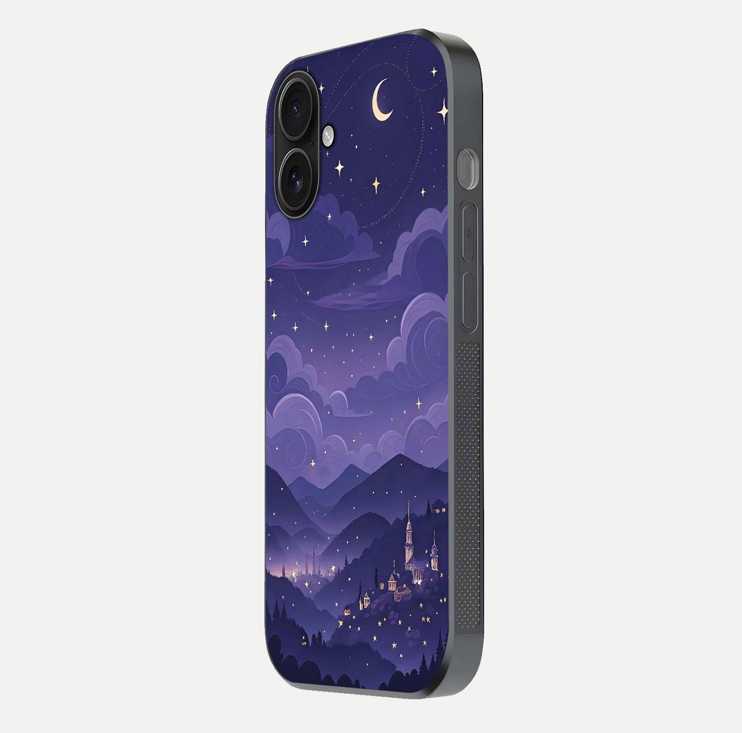 Minimal Night View Glass Case for iPhone 16 side-angle image showing subtle reflection and urban design