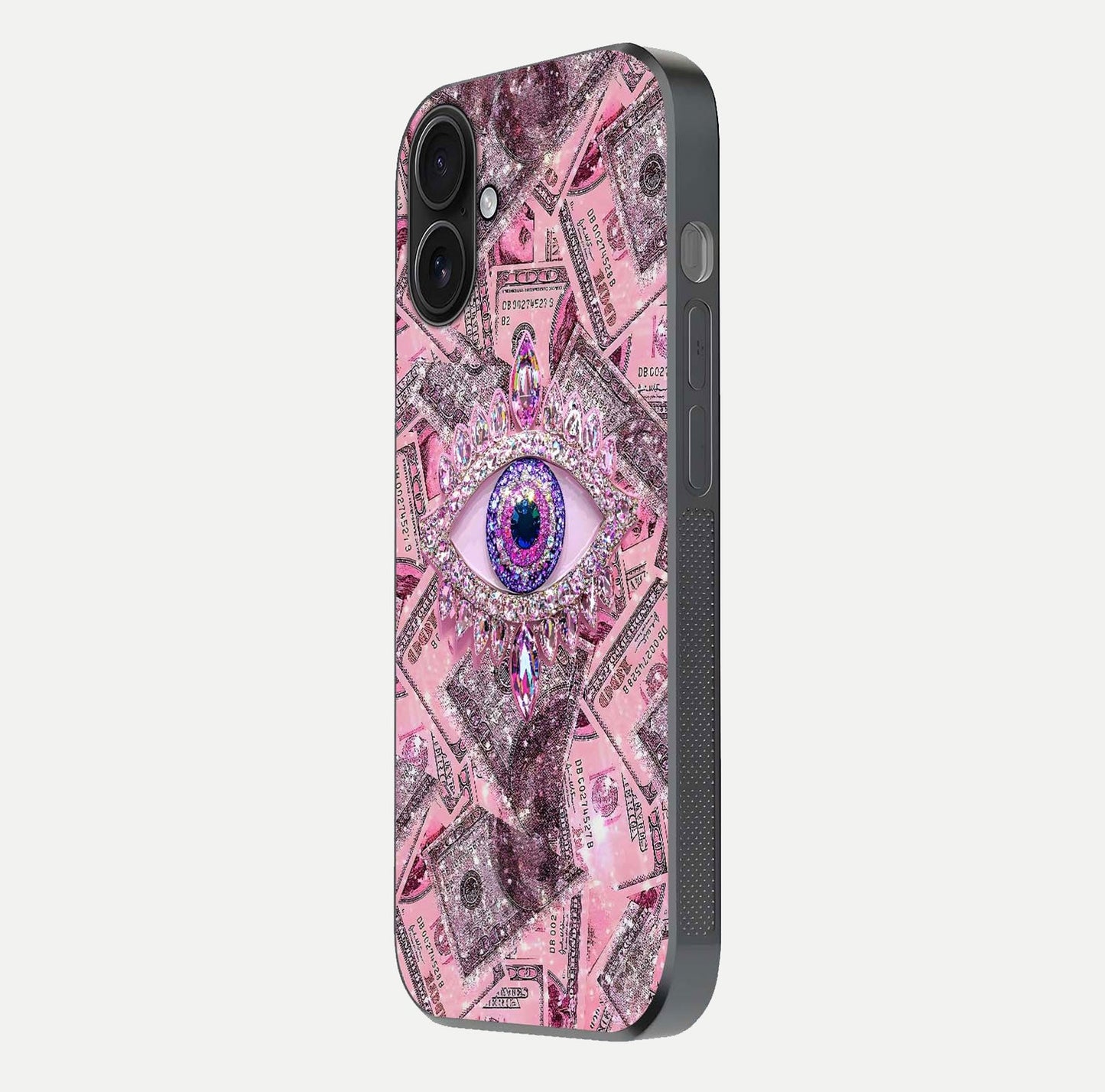 Money Eye Luxe Glass Case for iPhone 16 side-angle image showing HD reflection and luxury print clarity