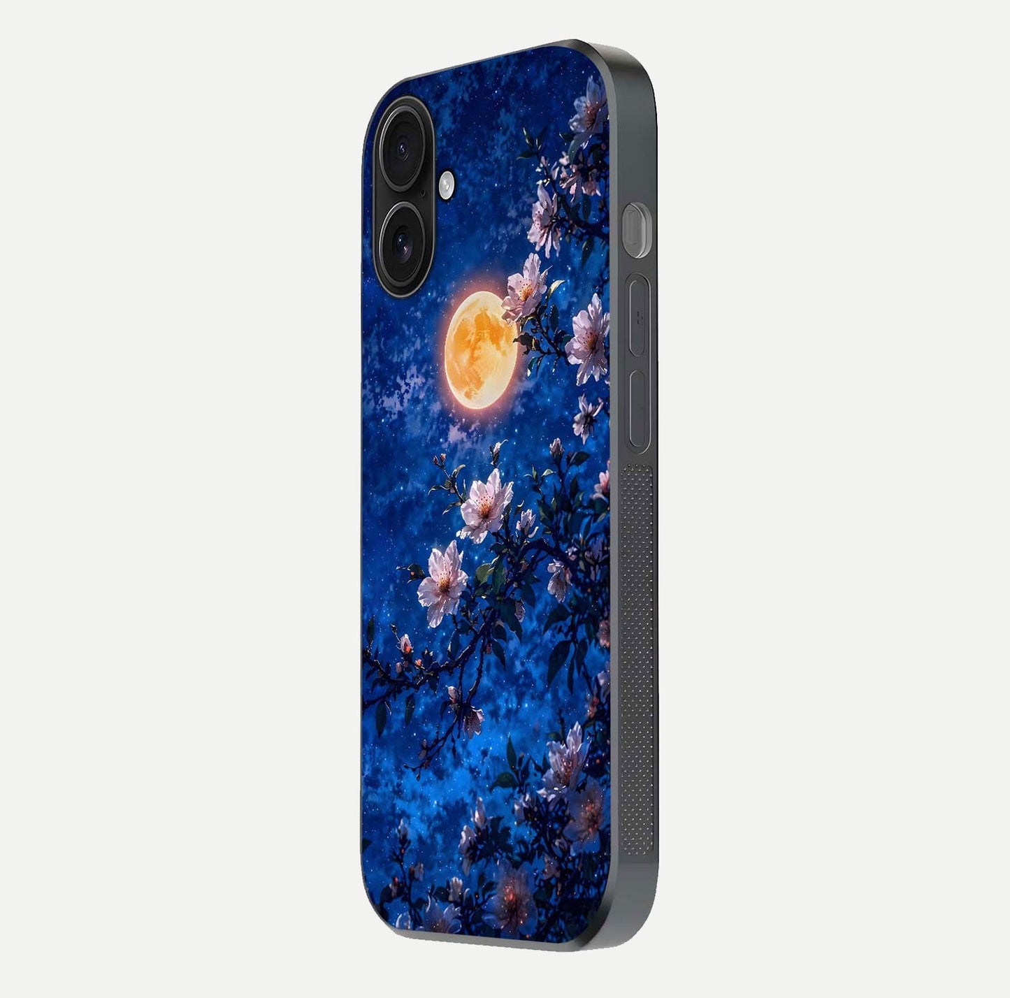 Moonlit Blossoms Night Glass Case for iPhone 16 side-angle image revealing shine and night bloom texture