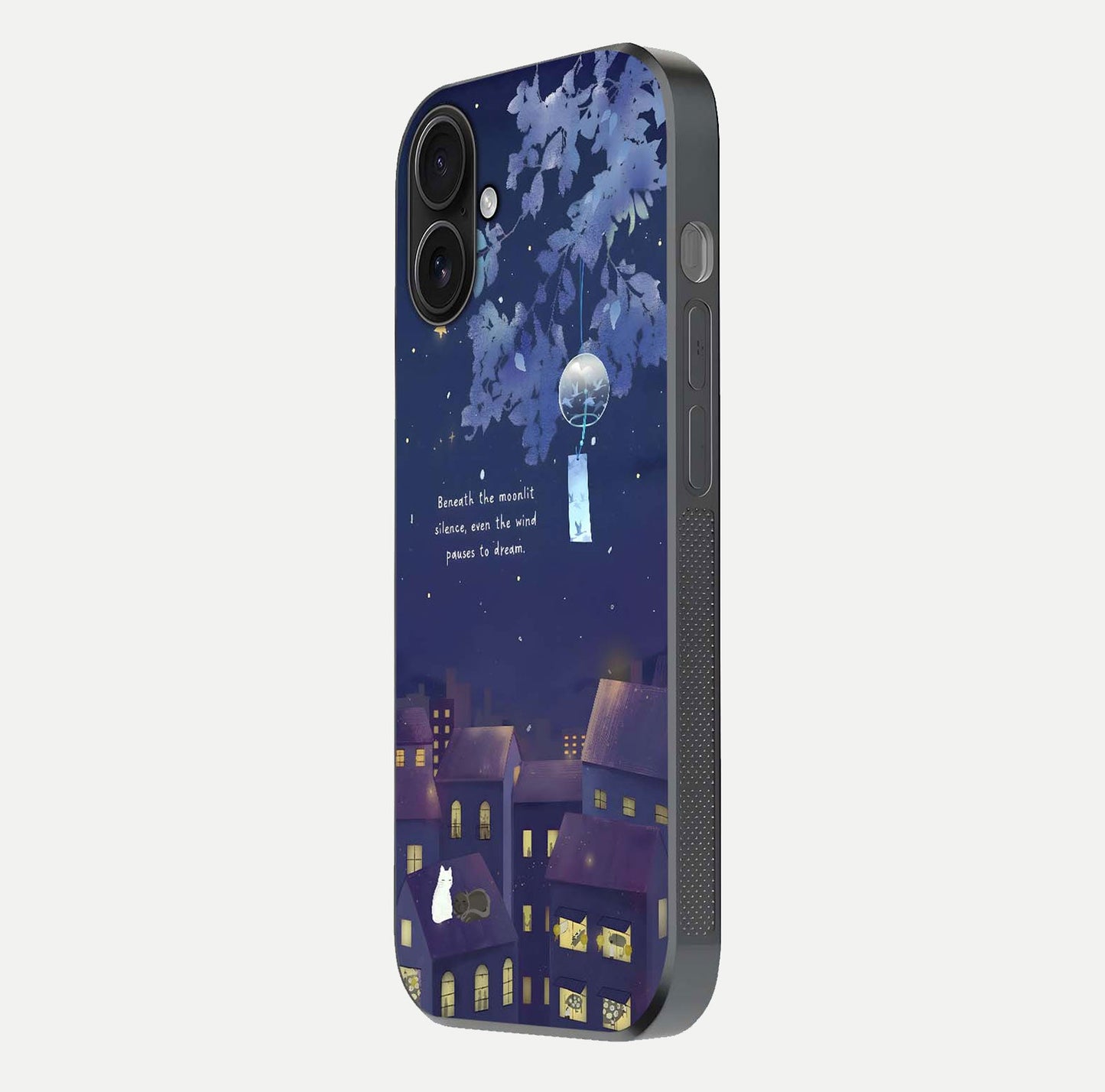 Moonlit Cat Silence Glass Case for iPhone 16 side-angle image showing HD gloss and feline artwork detail