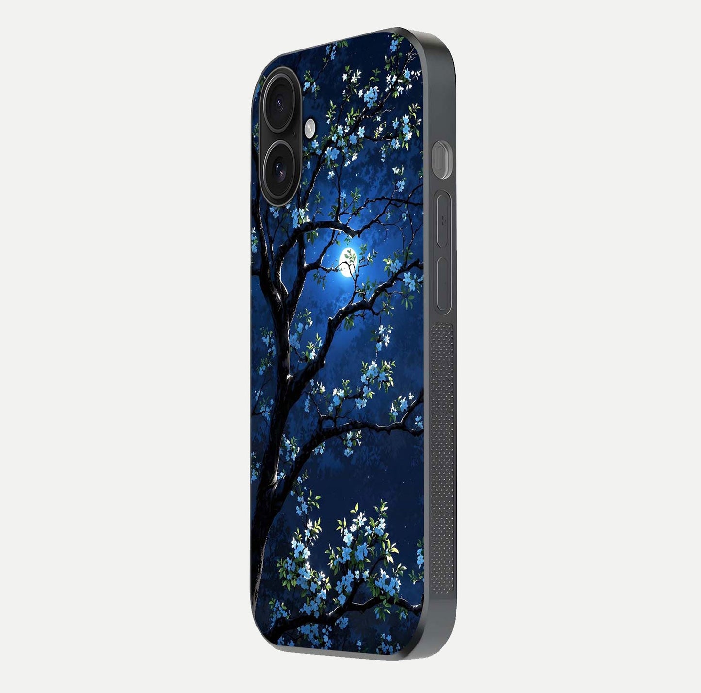 Mystic Floral Night Glass Case for iPhone 16 side-angle image showing gloss surface and midnight floral tones