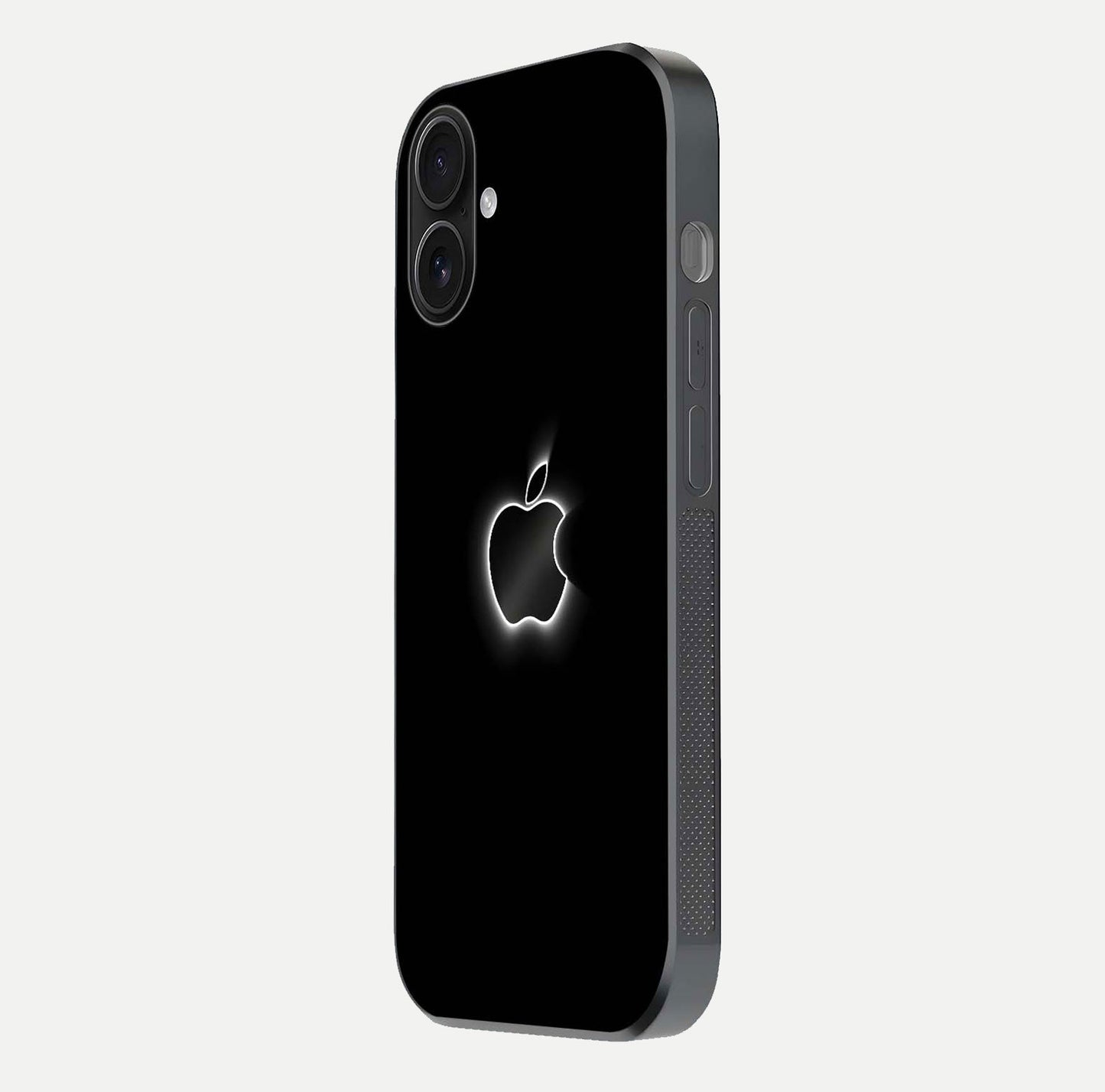 Neon Apple Glow Glass Case for iPhone 16 side-angle image showing light reflection and glow effect