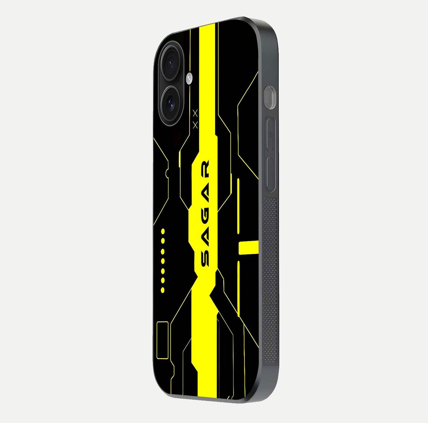 Neon CYBERPUNK Custom Name Glass Case for iPhone 16 side-angle image showing glow depth and bold print
