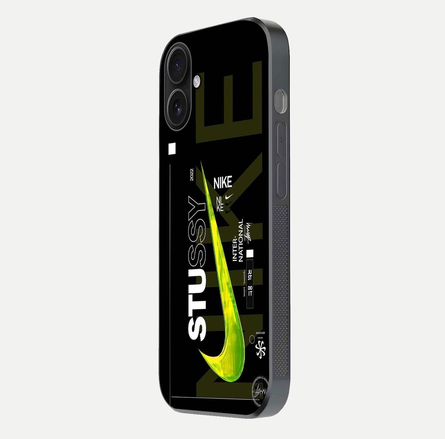Neon Street Edition Glass Case for iPhone 16 side-angle image showing reflection depth and modern tones