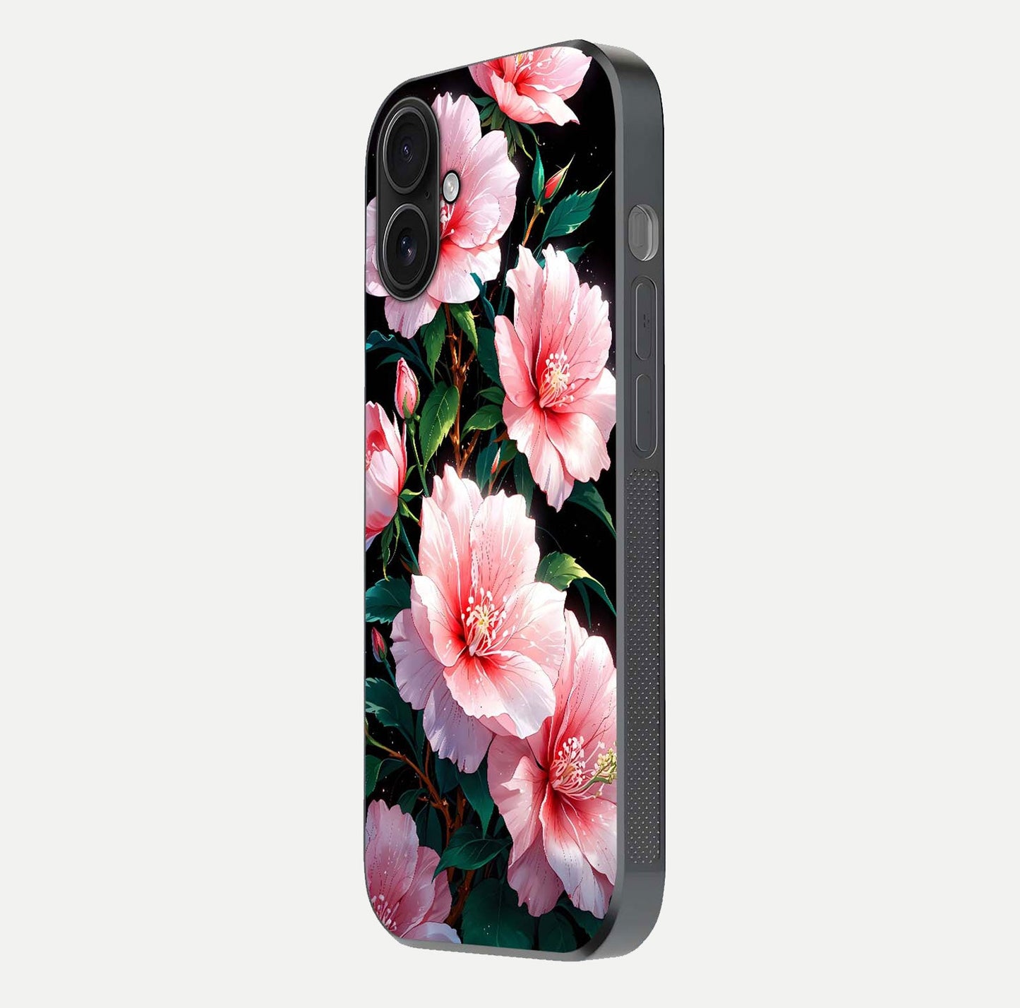 Peach Flower Glass Case for iPhone 16 side-angle image showing gloss depth and peach blossom detail