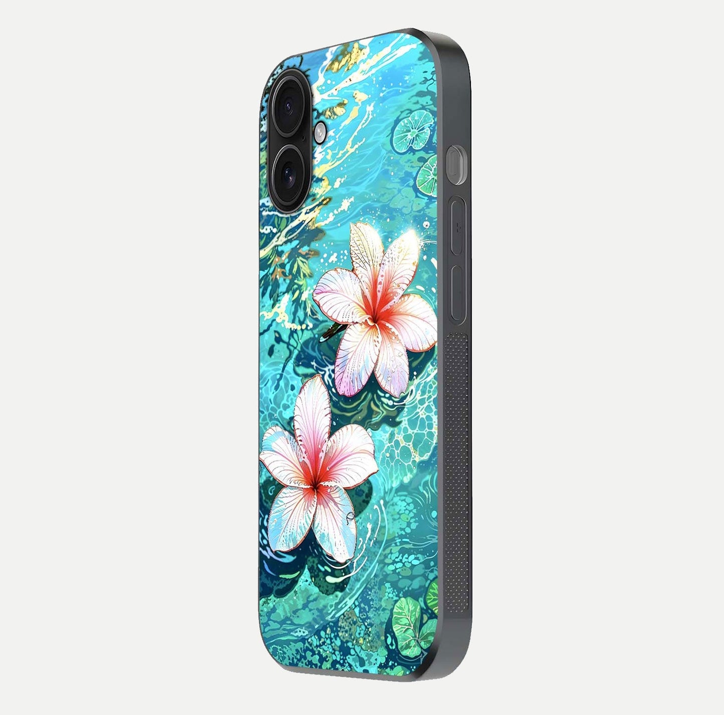 Pink Flowers in Water Glass Case for iPhone 16 side-angle image showing reflection and depth of detail