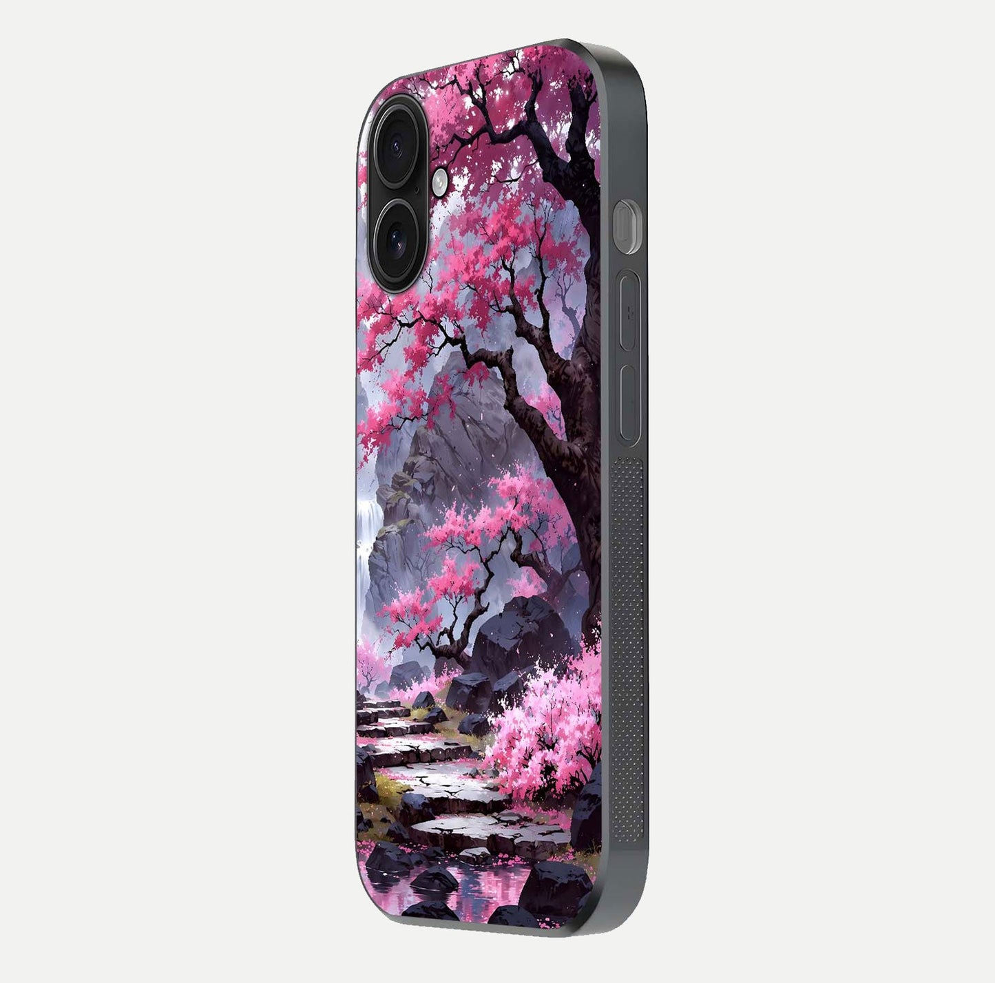 Pinkish Scenery Glass Case for iPhone 16 side-angle image showing depth, gloss, and scenic details