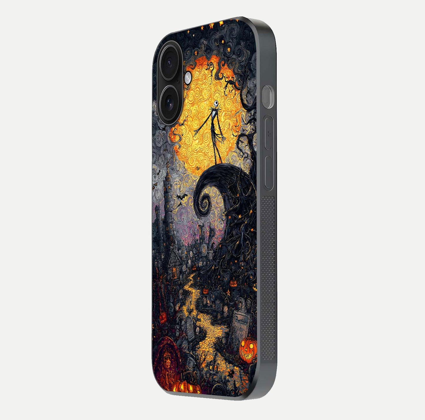Pumpkin Moon Night Glass Case for iPhone 16 side-angle image showing reflection depth and pumpkin pattern