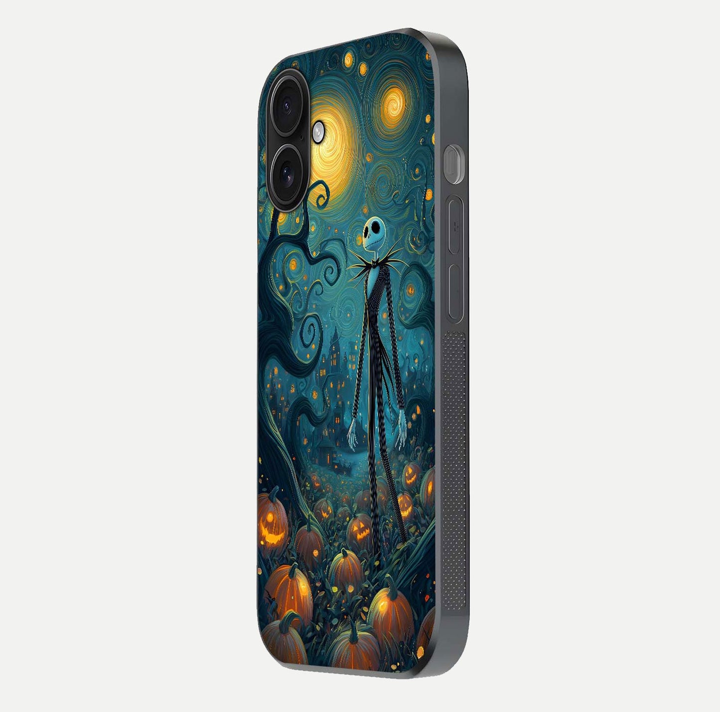 Pumpkin Moonlight Tale Glass Case for iPhone 16 side-angle image showing glow texture and Halloween vibe