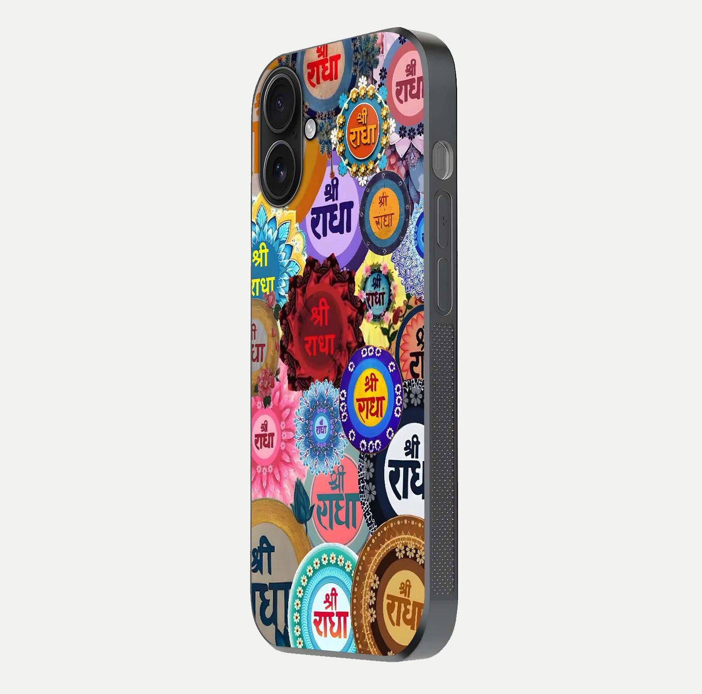 Radha Divine Bloom Glass Case for iPhone 16 side-angle image showing shine, reflection, and floral motif