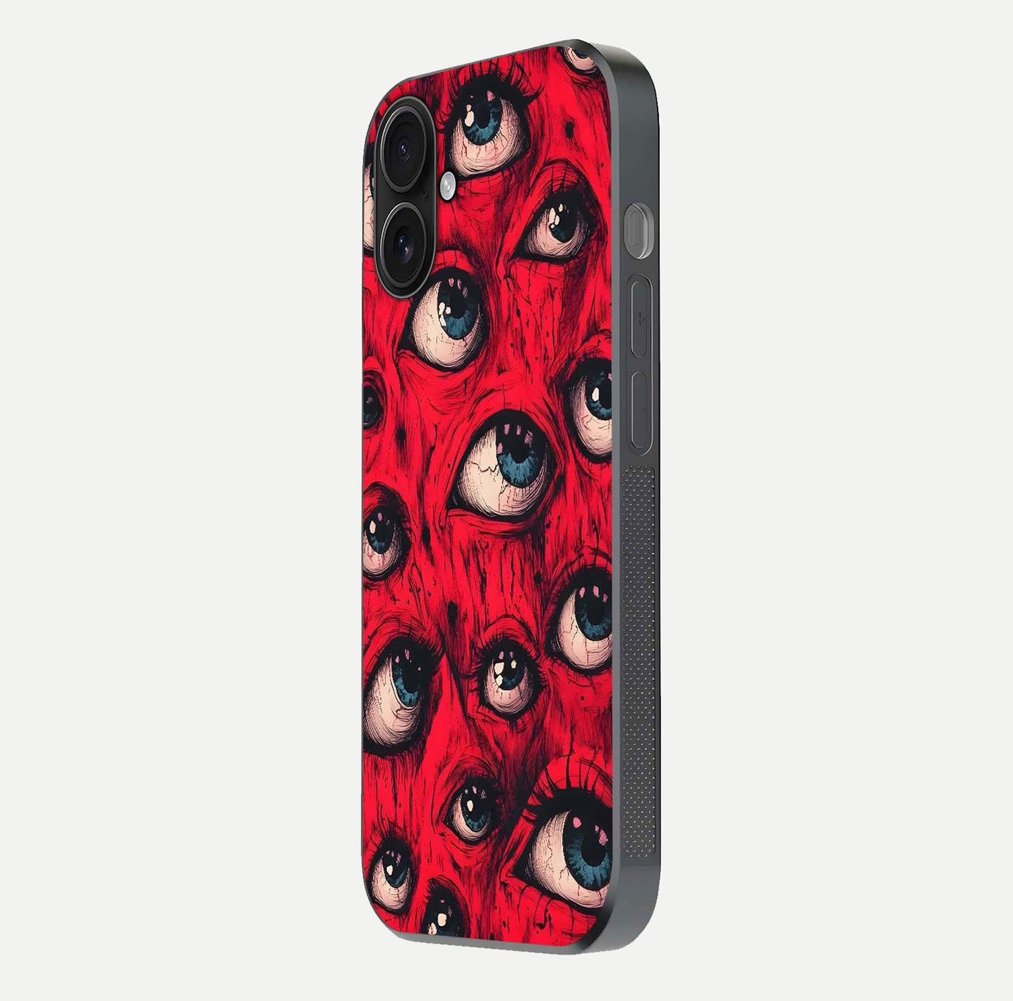 Red Eyes Pattern Glass Case for iPhone 16 side-angle image showing shine, detail, and red tone clarity