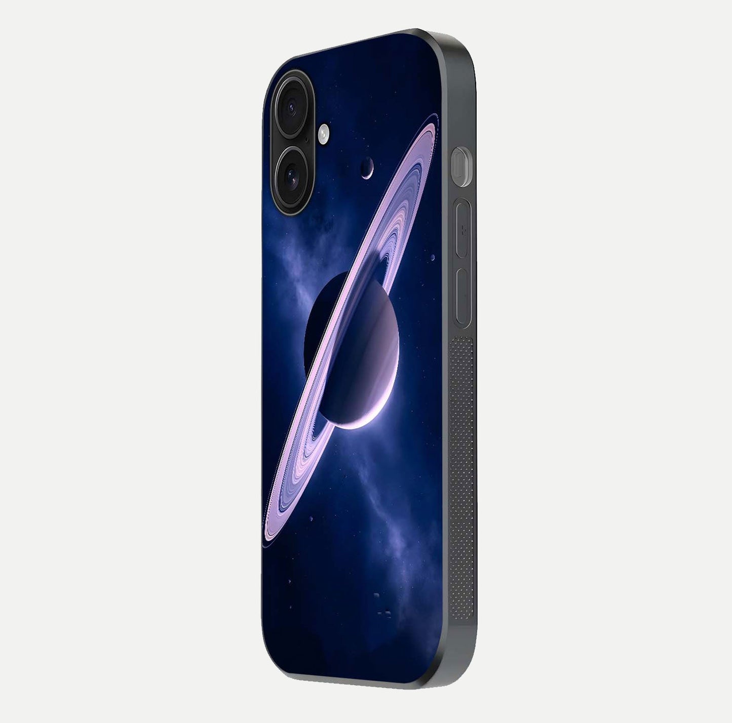 Saturn Ring Mystique Glass Case for iPhone 16 side-angle image showing shine and galaxy ring focus