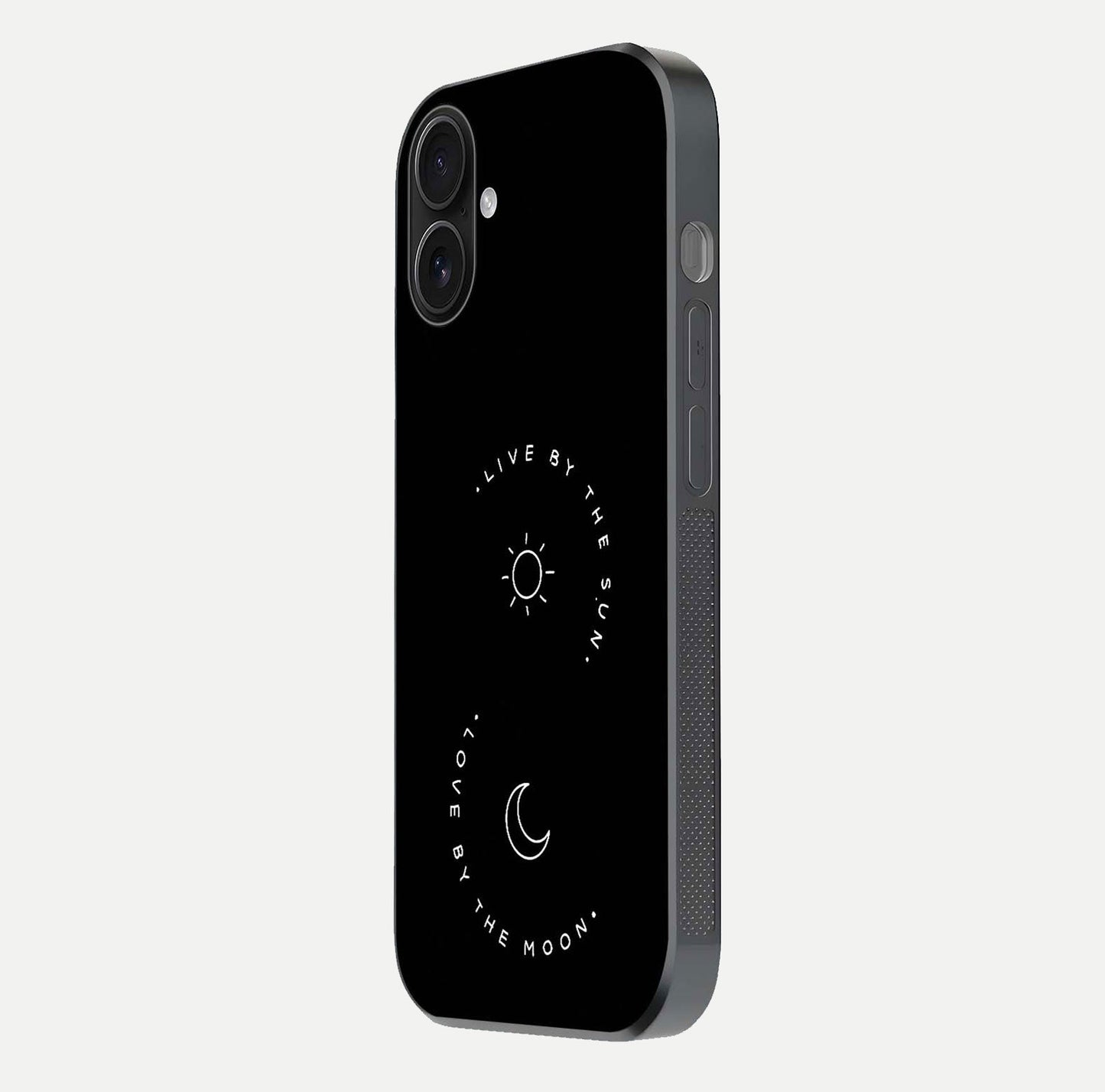 Sun Moon Balance Glass Case for iPhone 16 side-angle image showing reflection and celestial detailing