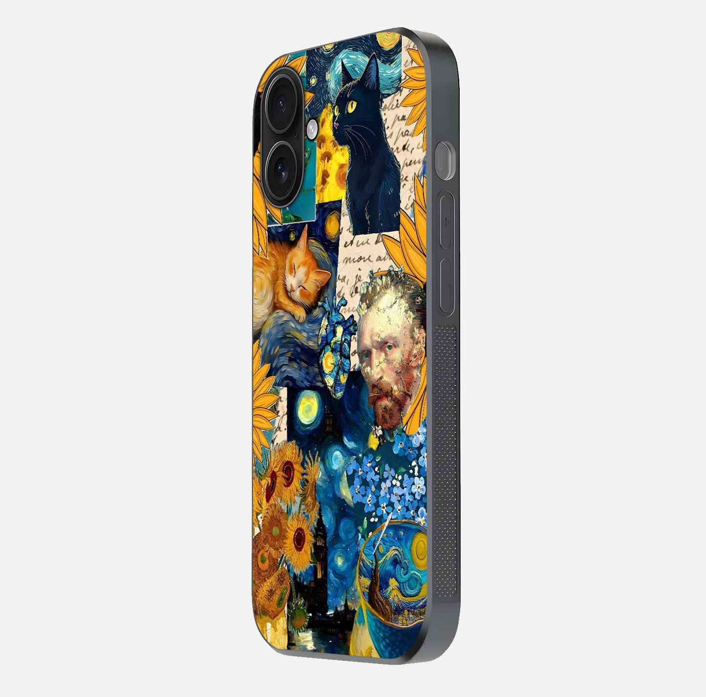 Sunflower Cat Art Glass Case for iPhone 16 side-angle image showing shine, edges, and sunflower texture
