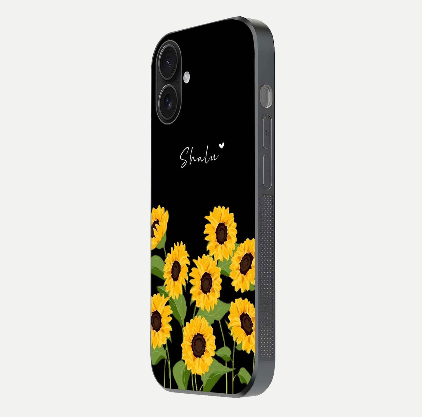 Sunflower Chic Mood Custom Name Glass Case for iPhone 16 side-angle image showing reflection and yellow floral tone