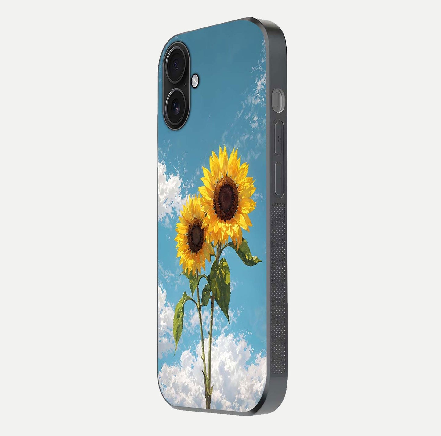 Sunflower Sky Bloom Glass Case for iPhone 16 side-angle image showing reflection, edges, and sunflower color