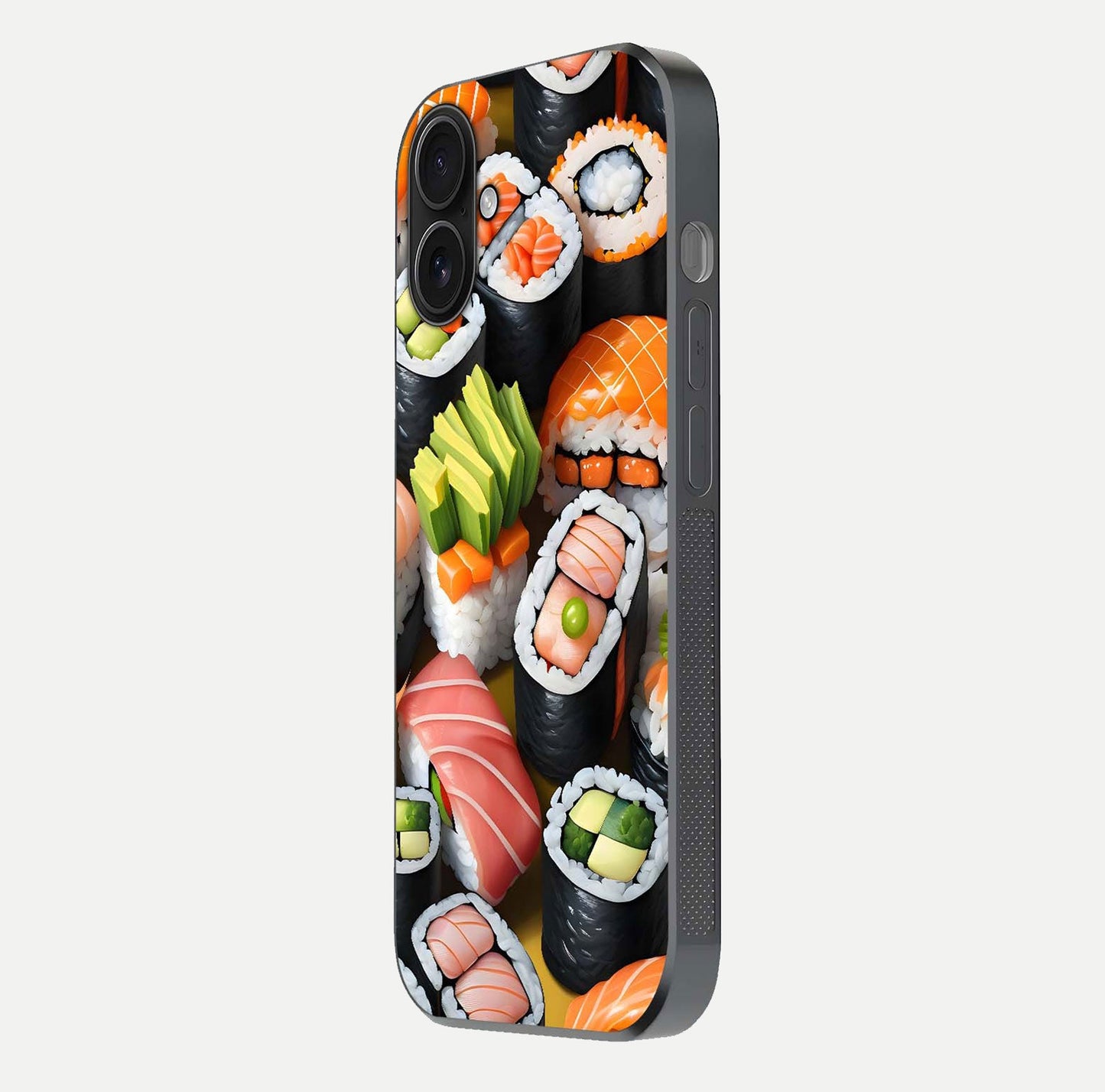Sushi Food Pattern Glass Case for iPhone 16 side-angle image showing shine, gloss, and sushi artwork