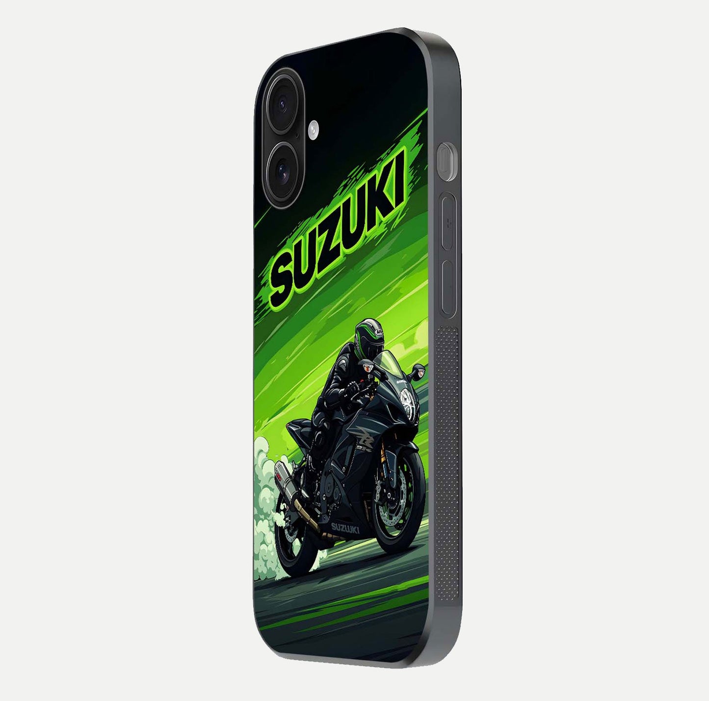 Suzuki Speed Beast Glass Case for iPhone 16 side-angle image showing reflection, gloss, and car detailing