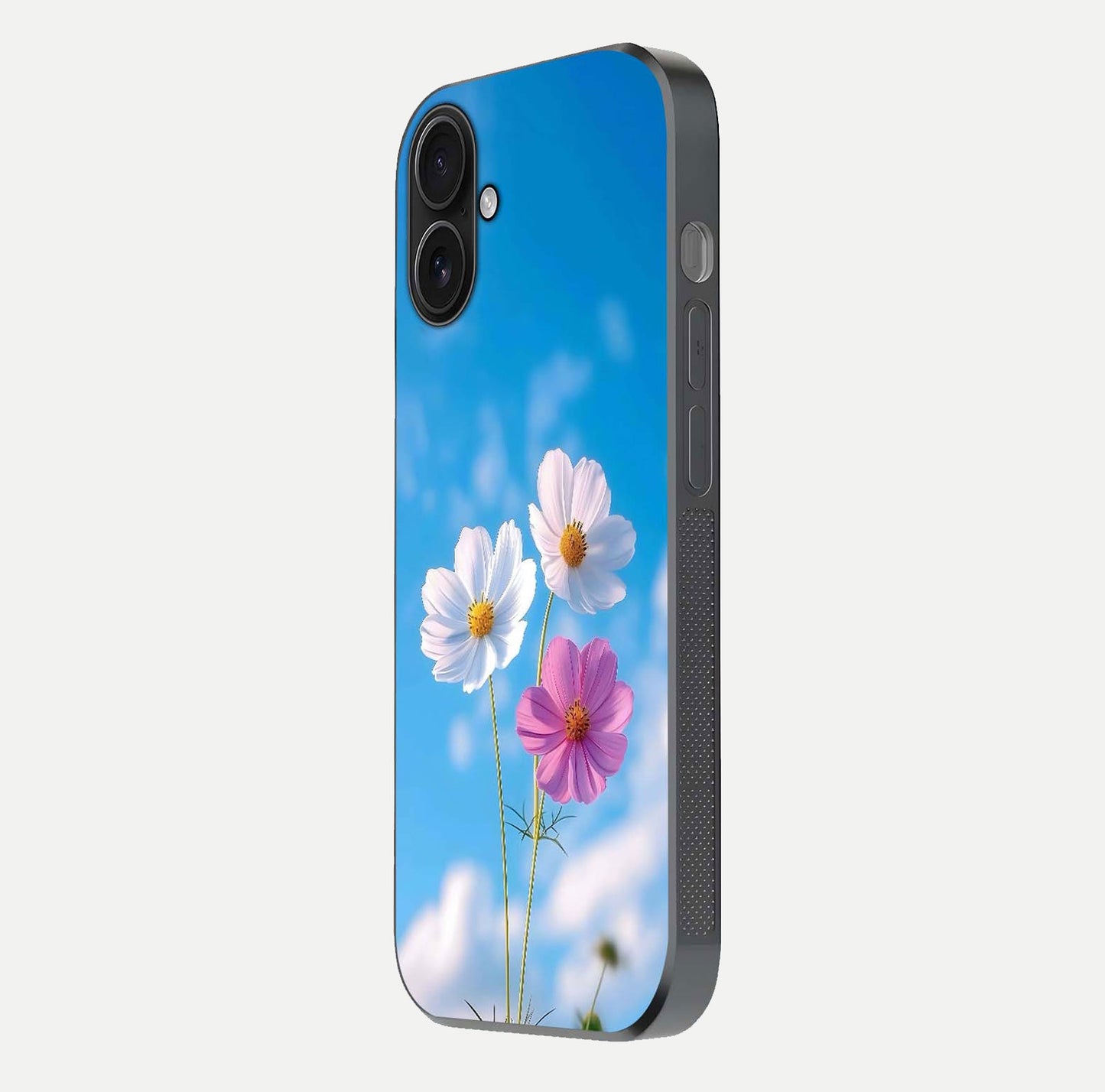 Triple Flowers With Sky Glass Case for iPhone 16 side-angle image showing gloss, texture, and floral design