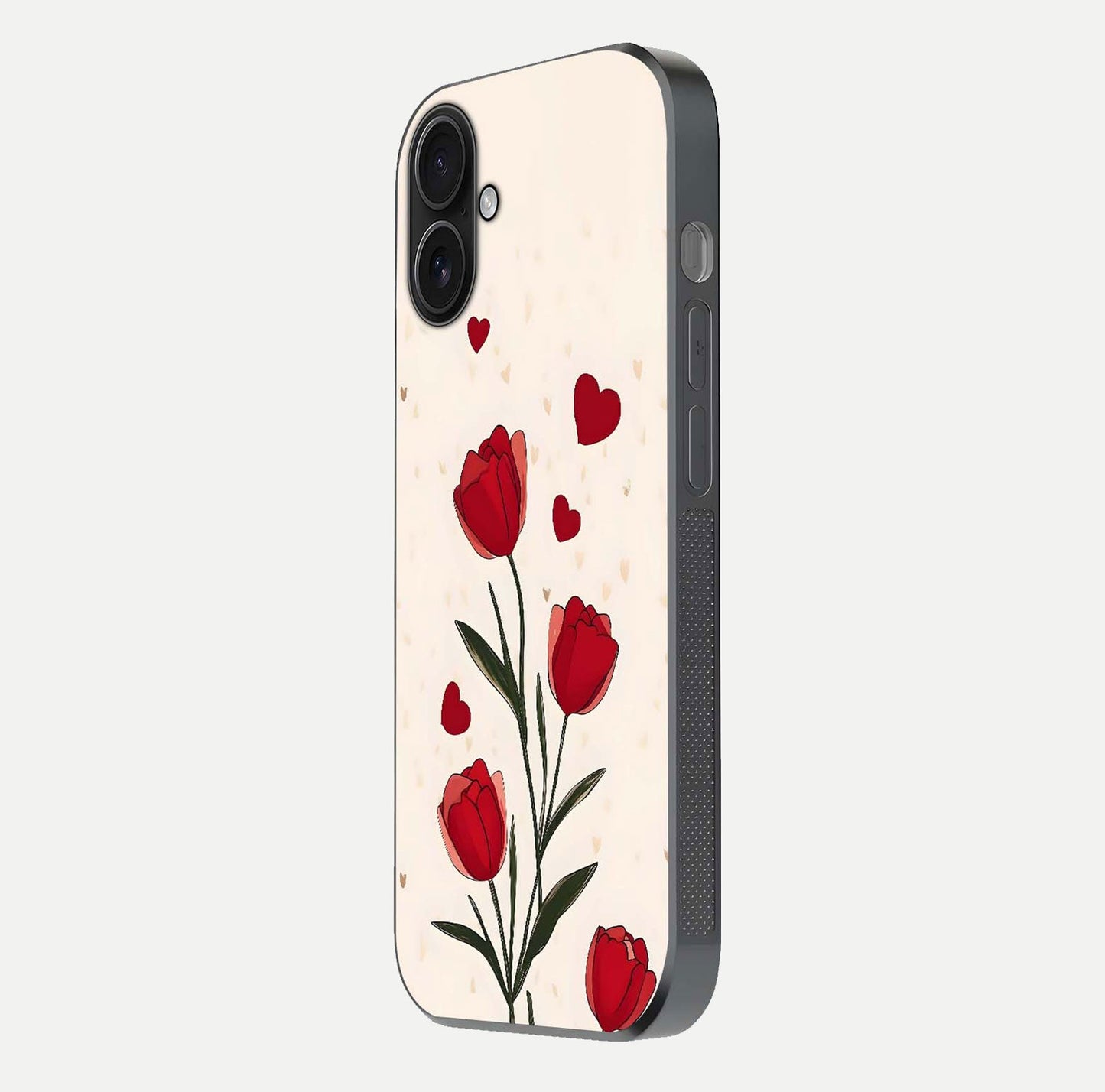 Tulip With Heart Glass Case for iPhone 16 side-angle image showing floral reflection and subtle gradient