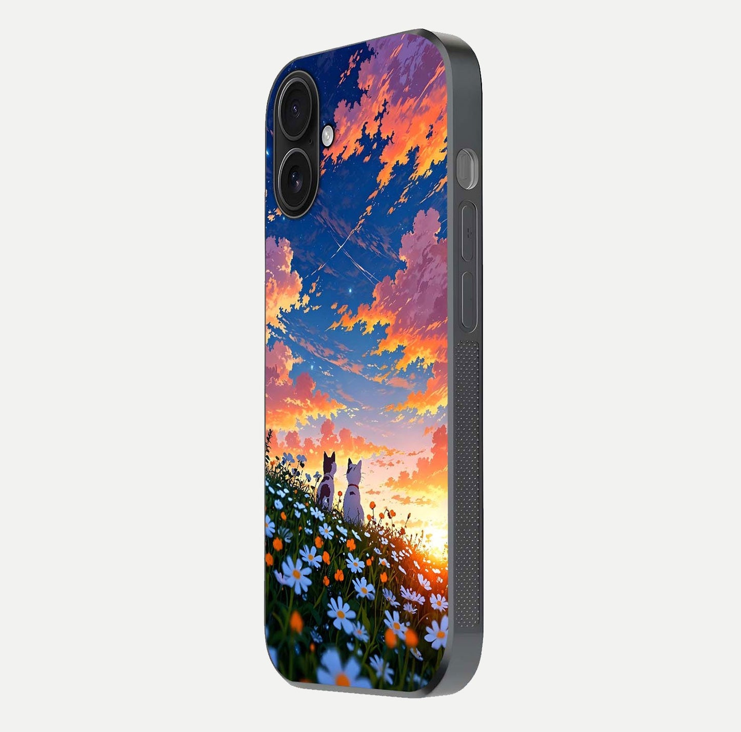 Two Cats Friends Glass Case for iPhone 16 side-angle image showing reflection, gloss, and color depth