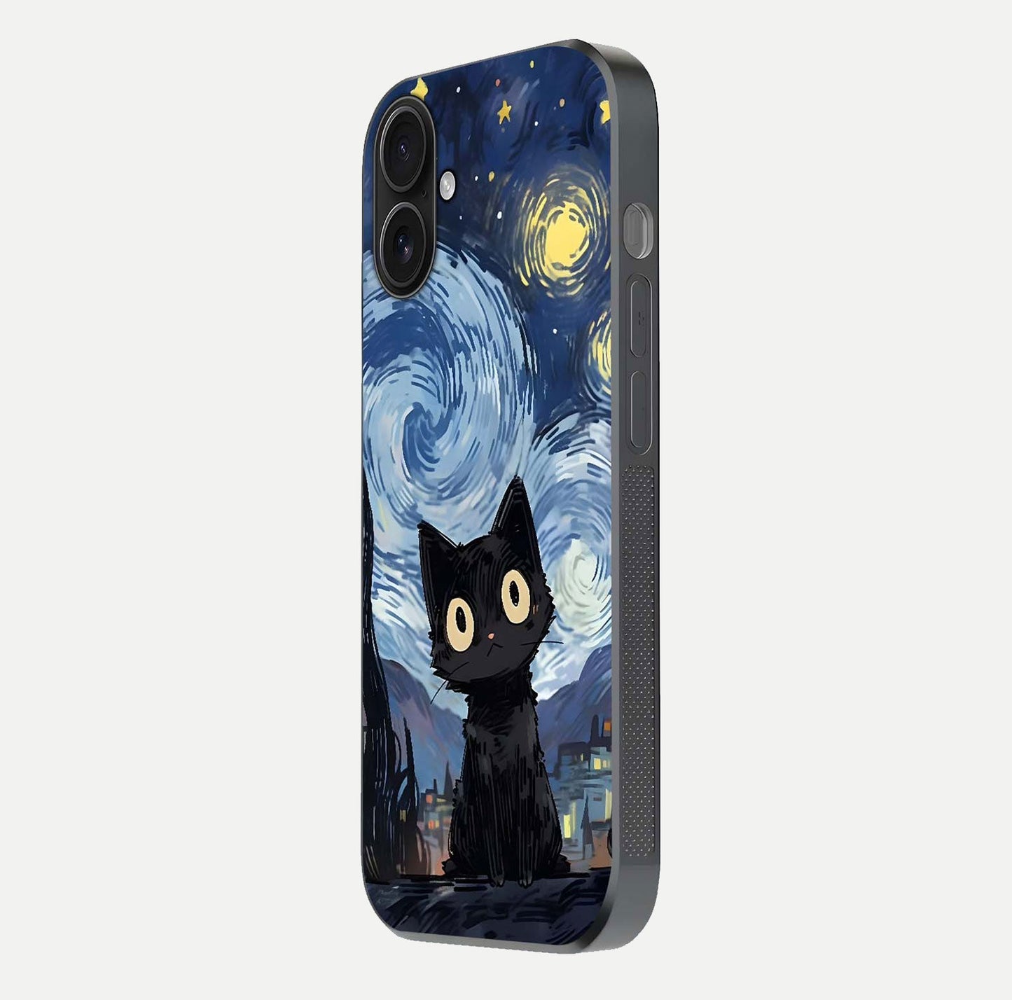 Van Gogh Cat Glass Case for iPhone 16 side-angle image showing light reflection and vivid artwork