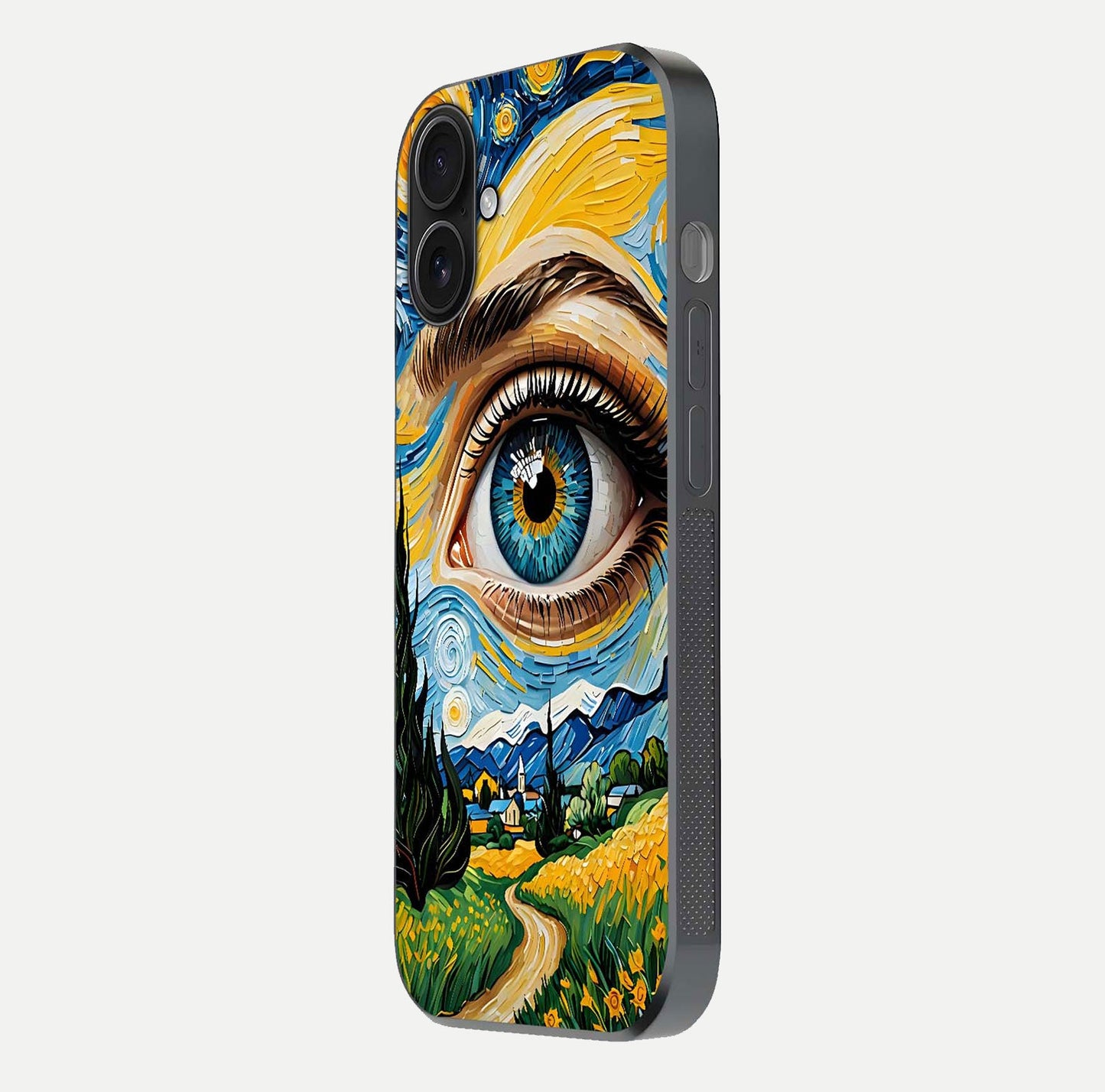 Van Gogh Eye Glass Case for iPhone 16 side-angle image showing reflection, gloss, and artistic contrast