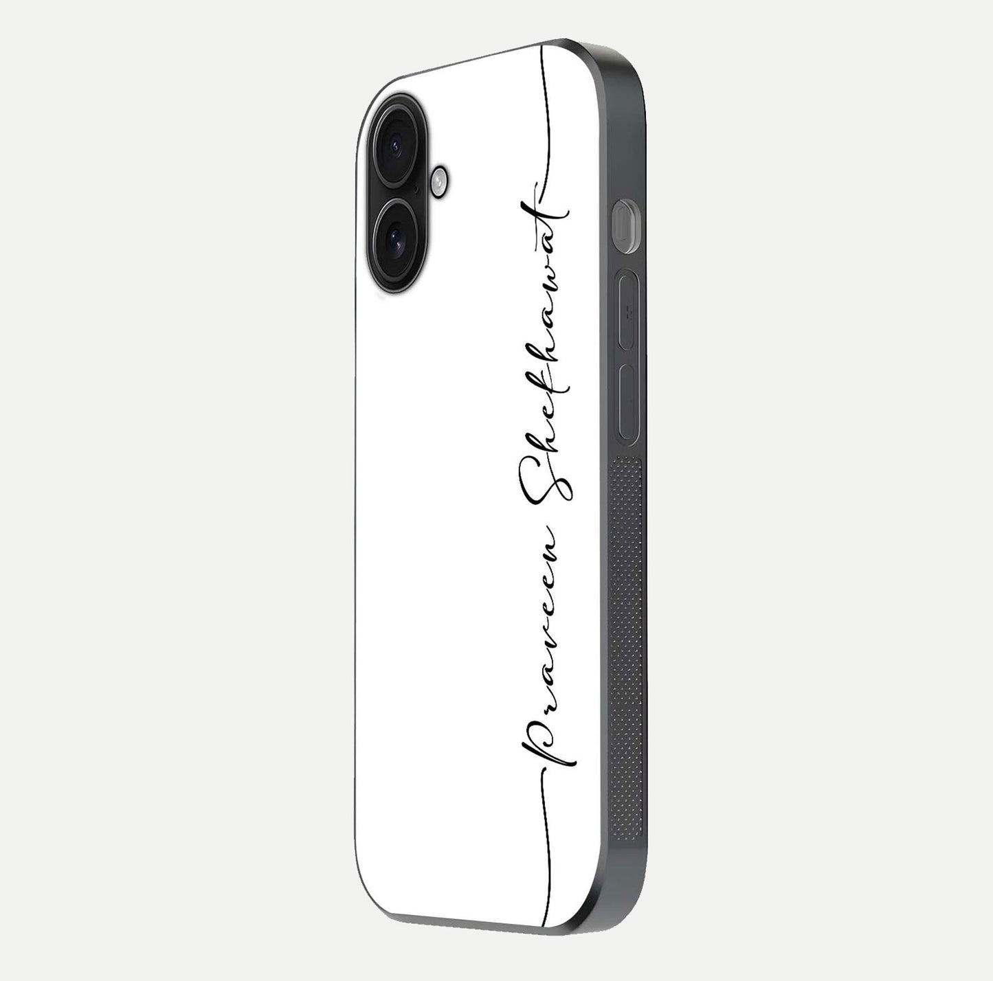 White Tune Custom Name Glass Case for iPhone 16 side-angle image showing shine, gloss, and minimal tone