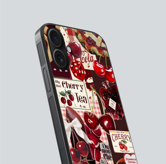 Aesthetic Cherry Tea Glass Case for iPhone 16 close-up angled shot showing detailed cherry artwork, red tones, and gloss reflection