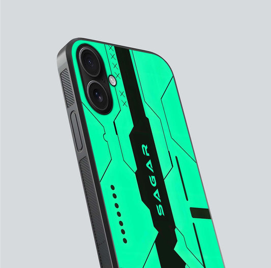Aqua Tech CYBERPUNK Custom Name Glass Case for iPhone 16 close-up angle showing futuristic blue lights and reflections