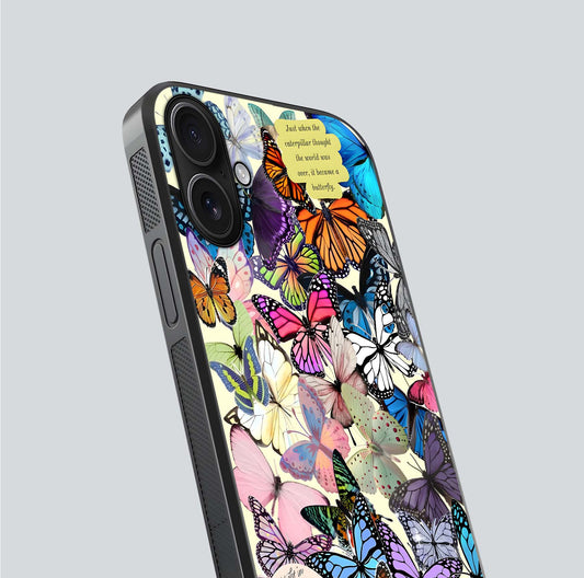 Butterflies Petal Dream Glass Case for iPhone 16 close-up highlighting butterfly wings and pink petal gloss