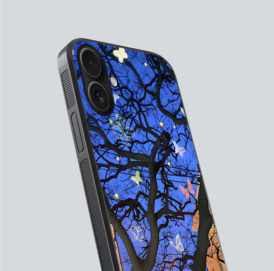 Butterfly Night Magic Glass Case for iPhone 16 close-up highlighting wings reflection and gloss shimmer