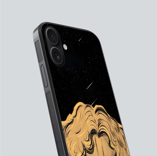 Celestial God’s Plan Glass Case for iPhone 16 close-up angled shot highlighting celestial details and reflection