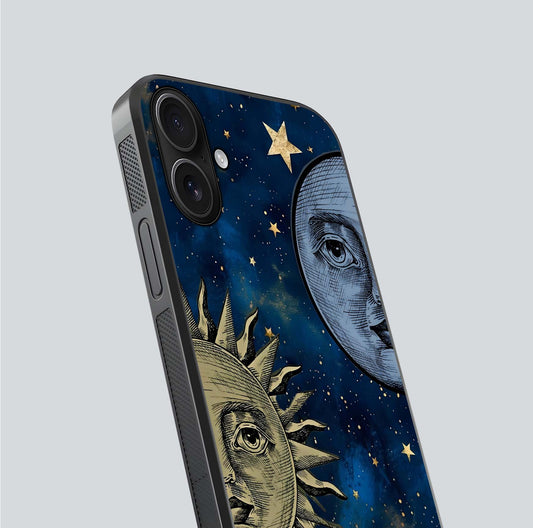 Celestial Moon With Sun Glass Case for iPhone 16 close-up highlighting fine celestial detail and polish reflection