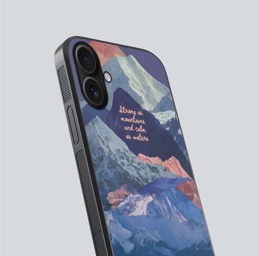 Celestial Mountain Calm Glass Case for iPhone 16 close-up showing peak reflection and HD gloss texture