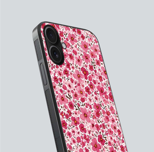 Cherry Blossom Charm Glass Case for iPhone 16 close-up highlighting petal gradient and reflection shine