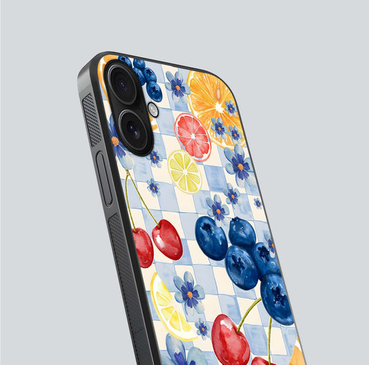 Citrus Bloom Joy Glass Case for iPhone 16 close-up highlighting orange blossoms and reflection detail