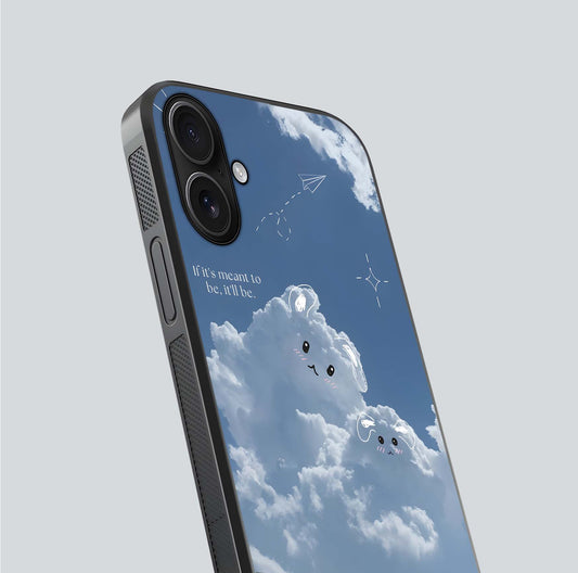 Cloud Bunny Dreams Glass Case for iPhone 16 close-up showing bunny art, dreamy clouds, and HD shine