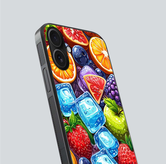 Colorful Fruits with Ice Glass Case for iPhone 16 close-up highlighting fruit color and reflection glow
